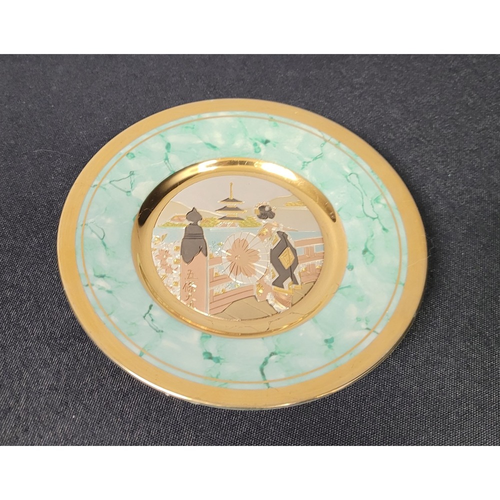 Vintage Japanese Chokin Art Plate 24K Gold Silver Inlay Mint Green Marbled Rim